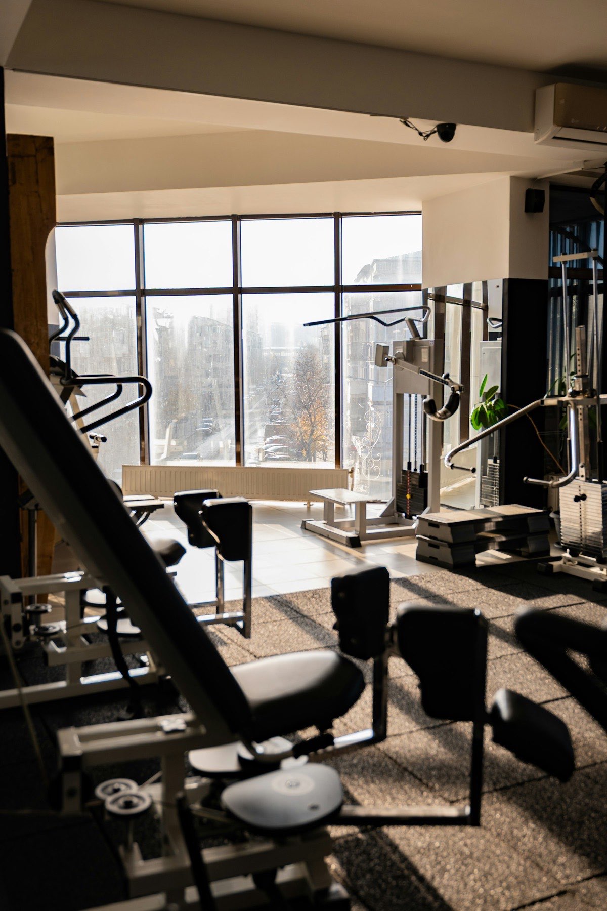 A sunlit gym floor with strength machines facing large windows